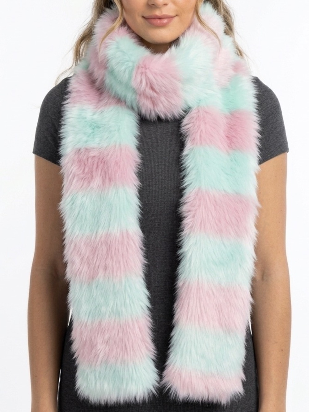 Handmade Pink Blue Stripe Long Plush Fluffy Vibrant Scarves Faux Fur Scarf